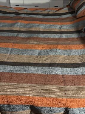 Striped Quilted Bedspread in Orange, Brown & Light Blue